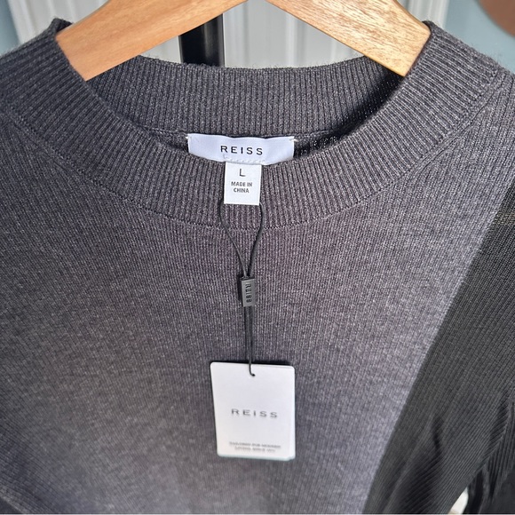 NWT Reiss jude HYBRID WOOL-SILK KNIT sheer blocking mix L black charcoal - Picture 6 of 6